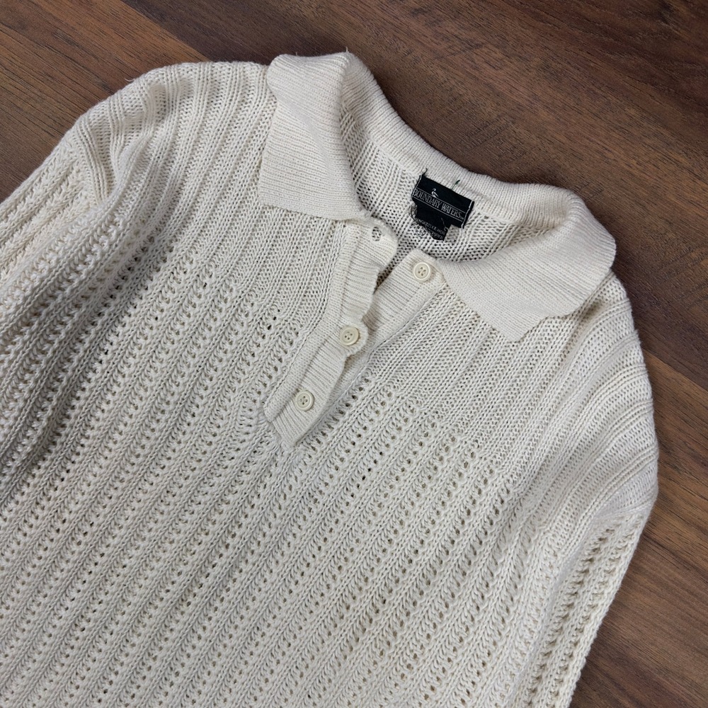 Boundary Waters Vintage Cream Chunky Knit Polo Sweater Distressed‎ Mens XL